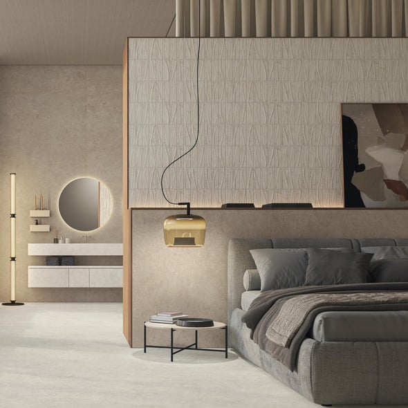 Belli Glow en Camel 3D Veil Glow slaapkamer betonlook tegel