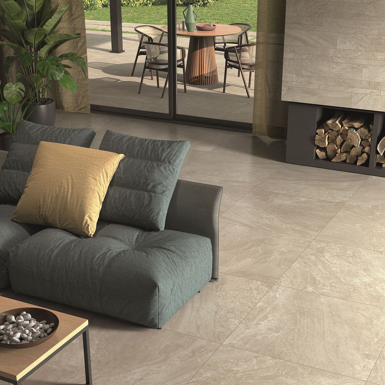 Luogo County Beige Woonkamer en Terras Keramische Stonelook Tegel