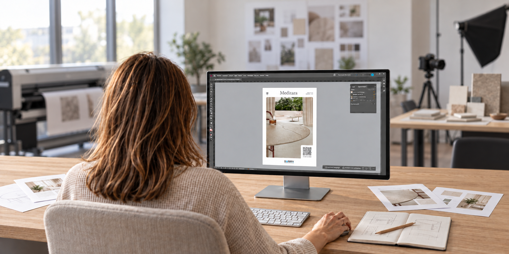 Marketing & Graphic Design Specialist in een ontwerpstudio met plotter en moodboardfotografie