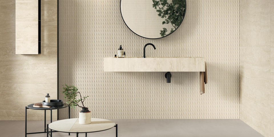 Aragon 3D Arch White badkamer keramische travertin look