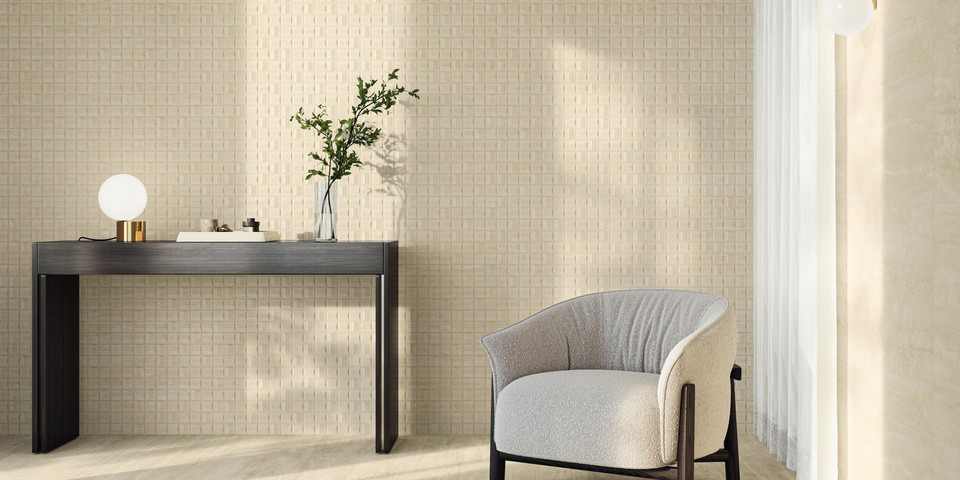 Aragon 3D Qube White zithoek keramische travertin look tegel