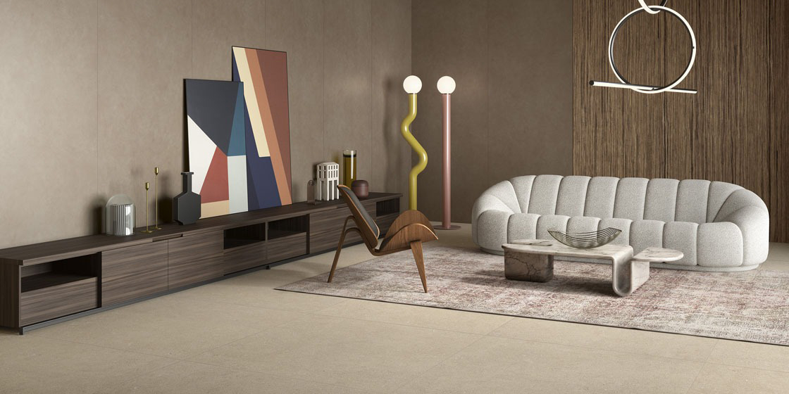 Atlantica Beige woonkamer keramische stonelook tegel