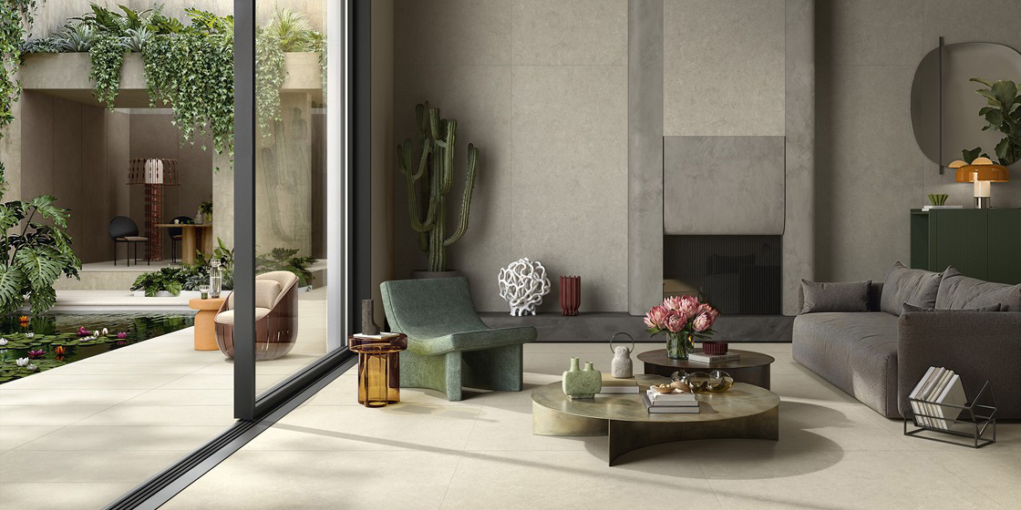 Atlantica Clair en perle woonkamer keramische stonelook tegel