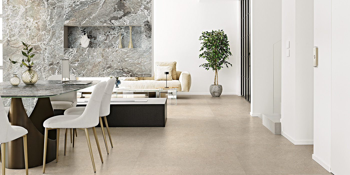 Begati Chablis en Aubisque eetkamer keramische stonelook en marmerlook