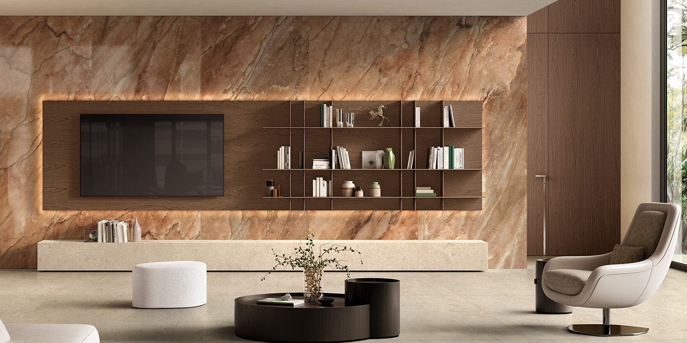 Begati Nuage en Montpellier woonkamer stonelook en marmerlook tegels