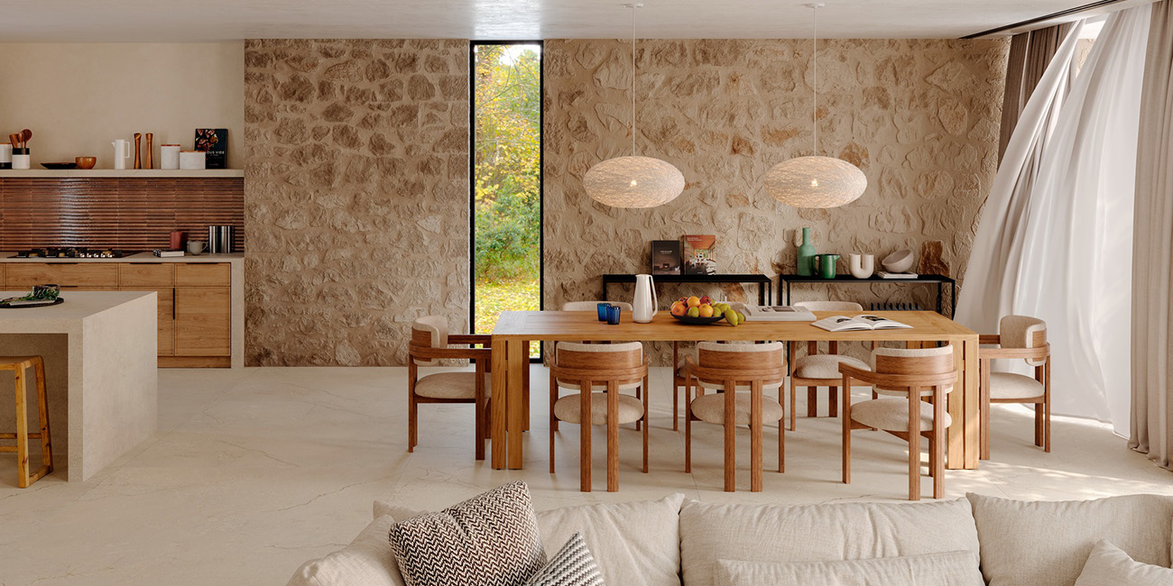 Meditara Beige woonkamer keramische stonelook